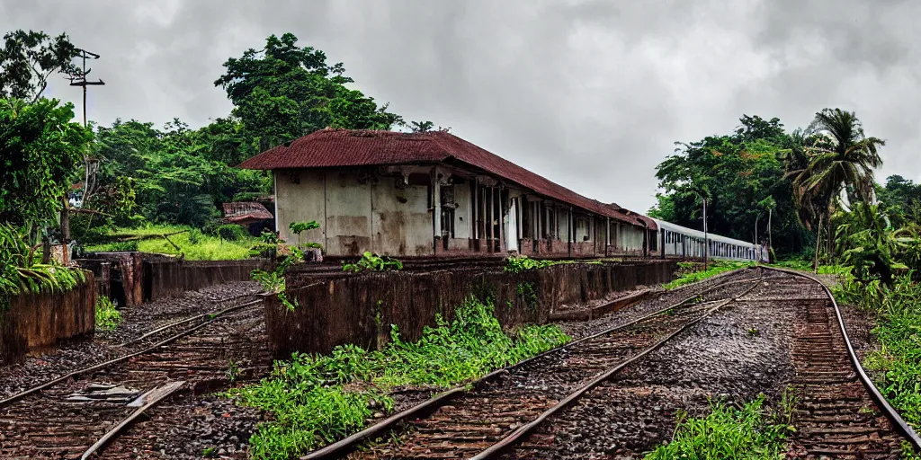 Image similar to abandoned sri lankan train station, cats, rain, mud, greenery, photograph