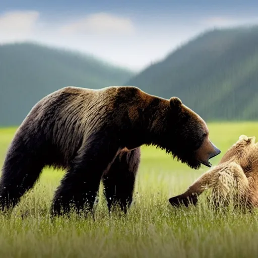 Image similar to realistic photo of a human - size black spider fighting a grizzly bear in a meadow
