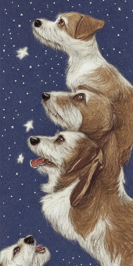 Prompt: portrait of jack russel dog looking up and howling with mouth open sad, night sky, highly detailed, side view, illustrated by peggy fortnum and beatrix potter and sir john tenniel