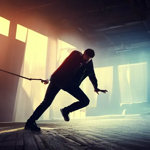 Image similar to incredible cinematic image of young angry man trying to fight his own shadow, studio shot, dynamic lighting, high definition, highly detailed, photo-realistic, unreal engine render, 16k