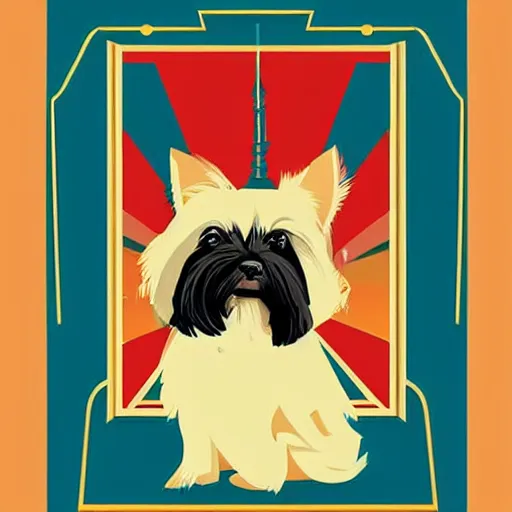 Prompt: retro poster with a painting of a blond terrier standing on a wall, an art deco painting by tom whalen, trending on behance, art deco, digital illustration, storybook illustration, art deco, flat shading, vector art, airbrush