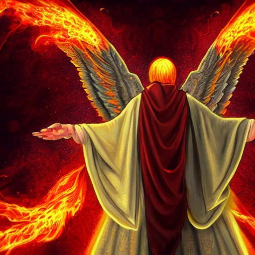 Image similar to prophet from behind with flames coming out of hands at the end of the world, very detailed, realistic, symmetrical face, art by digital painting