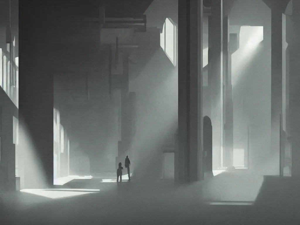 Image similar to colorful minimalist industrial interior hallway with monolithic pillars in the style of ridley scott and stanley kubrick, impossible stijl architecture, science fiction, lone silhouette in the distance, ultra wide angle view, cinematic, god rays, volumetric lighting, realistic detailed painting by edward hopper