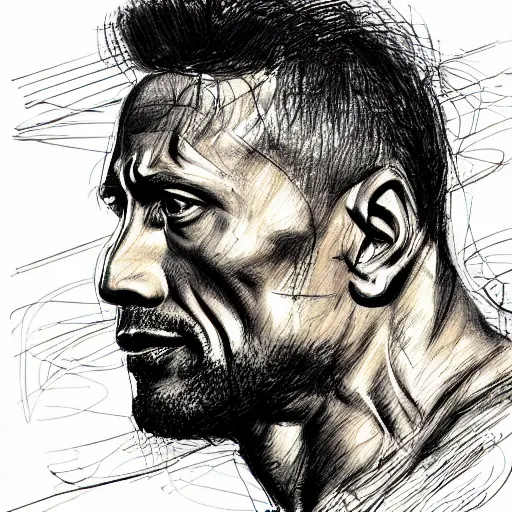 Prompt: a realistic yet scraggly portrait sketch of the side profile of a stern and sophisticated dwayne johnson, trending on artstation, intricate details, in the style of frank auerbach, in the style of sergio aragones, in the style of martin ansin, in the style of david aja, in the style of mattias adolfsson