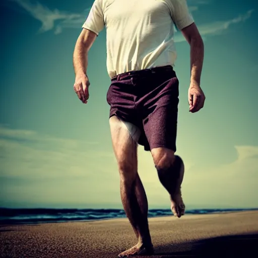 Image similar to Walter White running on the beach, artistic, 8k, cinematic, accurate, symetric, face, dramatic lighting, pastel colours