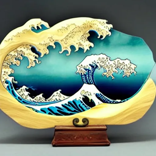 Image similar to carved diorama of the great wave off kanagawa made of marble with jade and gold insets