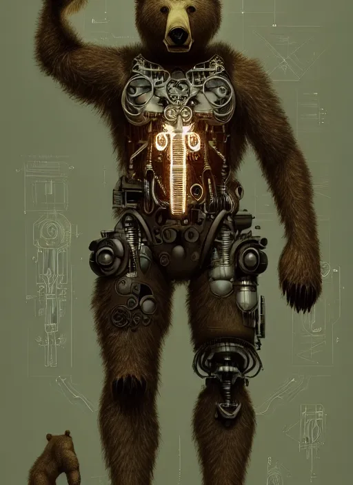 Image similar to organic cyborg bear, full body, diffuse lighting, fantasy, intricate, elegant, highly detailed, lifelike, photorealistic, digital painting, artstation, illustration, concept art, smooth, sharp focus, art by John Collier and Albert Aublet and Krenz Cushart and Artem Demura and Alphonse Mucha