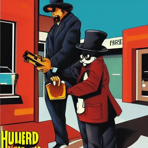 Prompt: hamburglar robbing a bank, pulp fiction cover, detailed