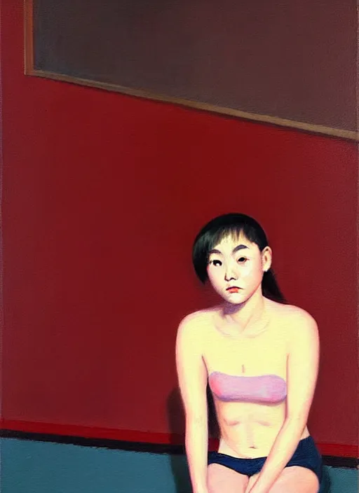 Image similar to oil painting of an asian annasophia robb in a learning uniform wearing stockings, teaching you a lesson in a void room full of existential horror painted by Bryan Lee O'Malley and Edward Hopper, John Singer Sargant, inspired by paintings of Francis Bacon and melting color palette of Mark Rothko