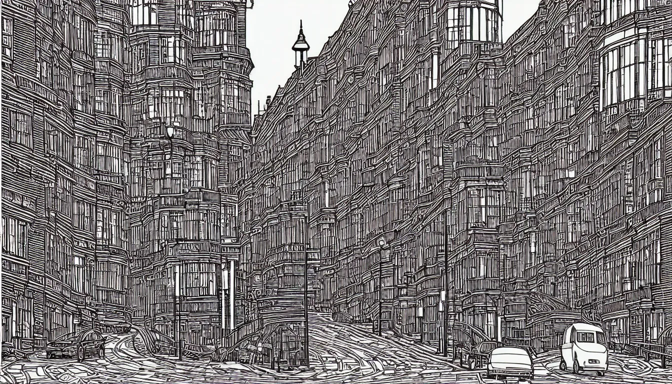 Prompt: london street by dan mumford and peter doig and edward hopper, symmetrical, minimal, black ink, thick lines highly detailed, muted colours 8 k