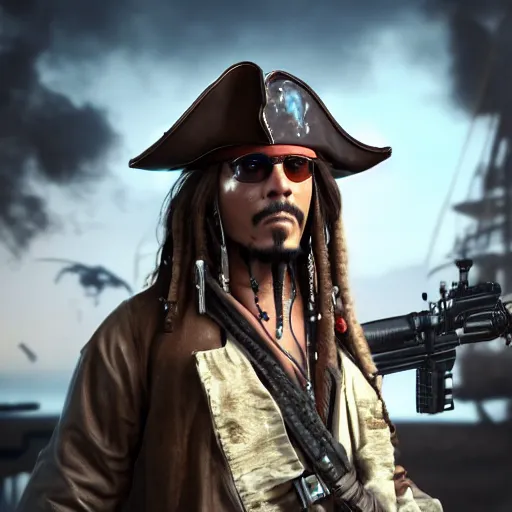 Image similar to captain jack sparrow as terminator, highly detailed, photo realistic, cinematic atmosphere, 8 k, octane render, unreal engine