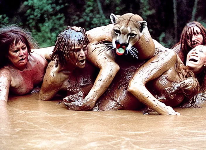 Prompt: four cavewomen mud wrestling a mountain lion, movie still photograph taken by richard kern, from the movie clan of the cave bear, 8 k, realistic