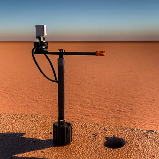 Prompt: mobile camoflaged rugged weather station sensor antenna on tank tracks, for monitoring the australian desert, XF IQ4, 150MP, 50mm, F1.4, ISO 200, 1/160s, dawn