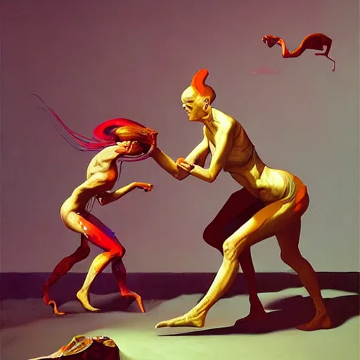 Prompt: Womens fighting each other, highly detailed, very coherent, painted by Francis Bacon and Edward Hopper, Wayne Barlowe, painted by James Gilleard, surrealism, airbrush, art by JamesJean