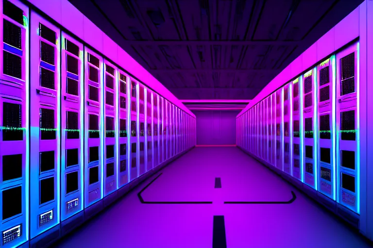 Prompt: realistic robot in a data server room, neon and dark, purple and blue color scheme, by dan mumford and malevich, beeple, fusion 3 d art