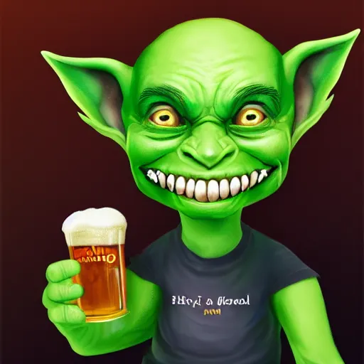 Image similar to happy Goblin smiling drinking a pint of beer artstation award winning photography