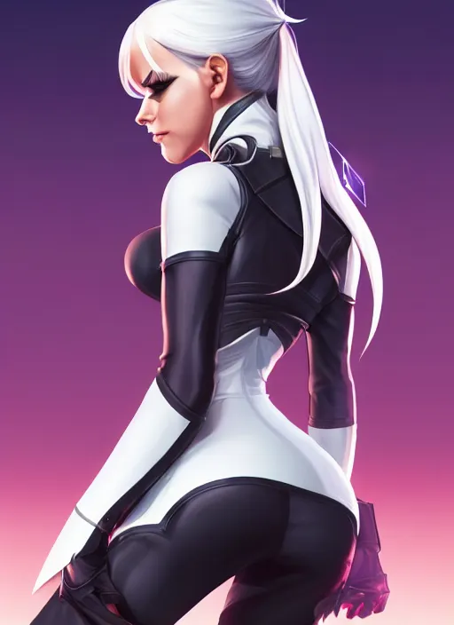 Prompt: backveiw picture of elf rogue, female, white skin, ponytails, skintight leather clothes, curves, short coat, visible hips, face details, extremely detailed, smooth, sharp focus, digital illustration, by artgerm, rossdraws, sakimichan