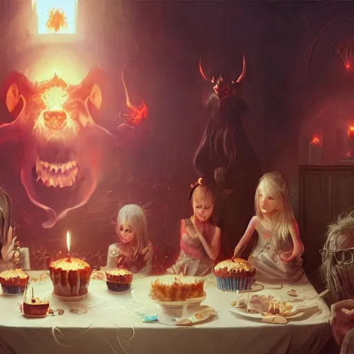 Prompt: the satanic birthday party. cute. detailed digital art by greg rutkowski, thomas kinkade and keith parkinson, artstation, cgsociety, 8 k, hd