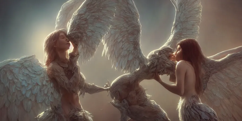 Image similar to ultra realistic, beautiful angel kissing devil, sci-fi, fantasy, mythical, intricate, elegant, highly detailed, digital painting, octane render, substance painter, zbrush, artstation, concept art, smooth, sharp focus, eerie, illustration, 8k, HD, art by artgerm and greg rutkowski and raphael