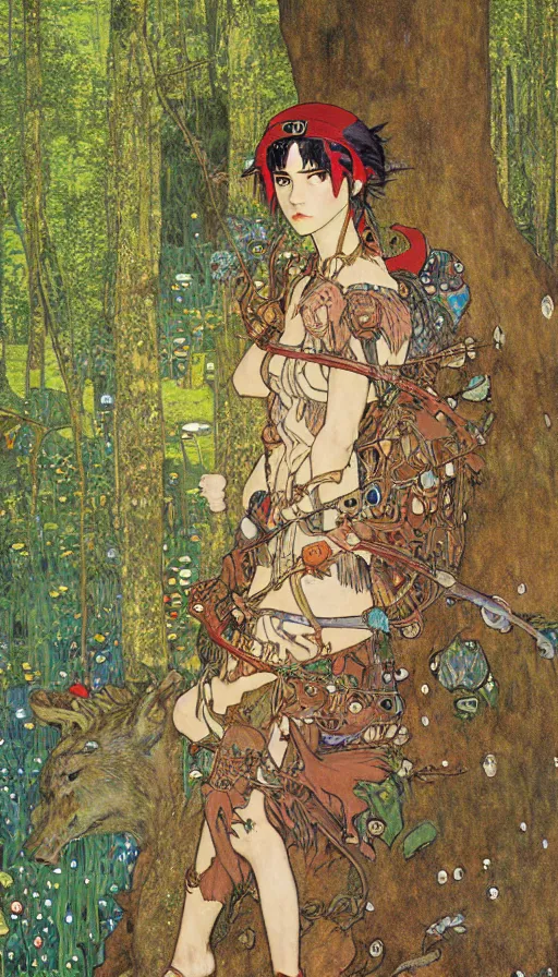 Prompt: Princess Mononoke, fully clothed in armor, lush fairy forest, neon, concept art, schematics, gnarly details painted by gustav klimt, norman rockwell, mucha, james gurney, high detail, denoised, sharp, architectural