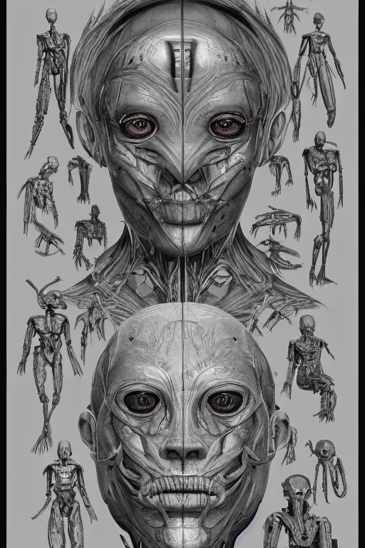 Image similar to facial anatomy with gunmetal grey skin, medical anatomy, very symmetrical face, highly detailed, mecha, three - perspective / three - view reference sheet ( front / back / side ), in the style of dan ouellette, hr giger, sil from species, dren from splice, biomechanical, artstation, unreal engine