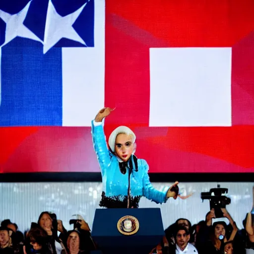 Image similar to Lady Gaga as president, Argentina presidential rally, Argentine flags behind, bokeh, giving a speech, detailed face, Argentina