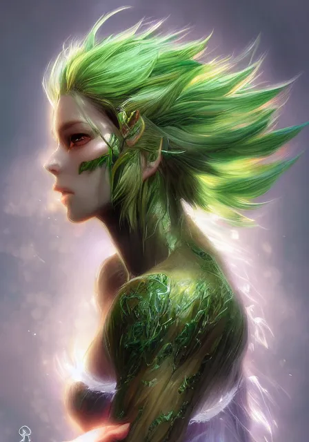 Prompt: A realistic anime portrait of a beautiful dryad with glowing green eyes and tree bark skin wearing clothes made of leaves from Skyrim, digital painting, by Stanley Artgerm Lau, Sakimichan, WLOP and Rossdraws, digtial painting, trending on ArtStation, SFW version