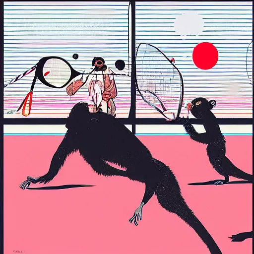 Image similar to illustration of monkeys playing badminton by ilya kuvshinov katsuhiro otomo