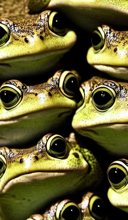 Prompt: a tower of frogs stacked on top of each other, HD nature photography, cute frog faces