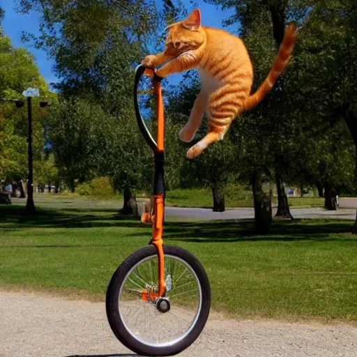 Image similar to orange tabby cat riding a unicycle