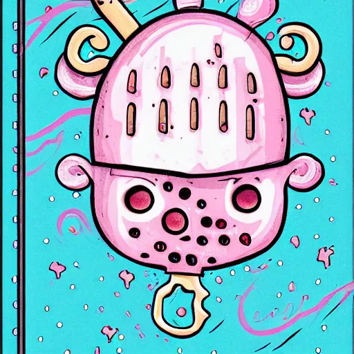 Image similar to crying cute eyes mouth pink ice cream, blue waffle cone, jester themed, intricate concept art, thick line drawing, 1 9 8 3 horror painted book cover art