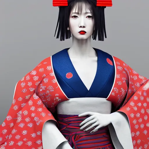 Image similar to japanese kimono inspired avant-garde art, deco fashion, highly detailed, photorealistic portrait, bright studio setting, studio lighting, crisp quality and light reflections, unreal engine 5 quality render