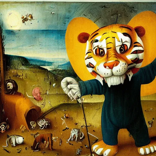 Image similar to an oil painting of Tony the Tiger facing his creator by Hieronymus Bosch, horror, revelations