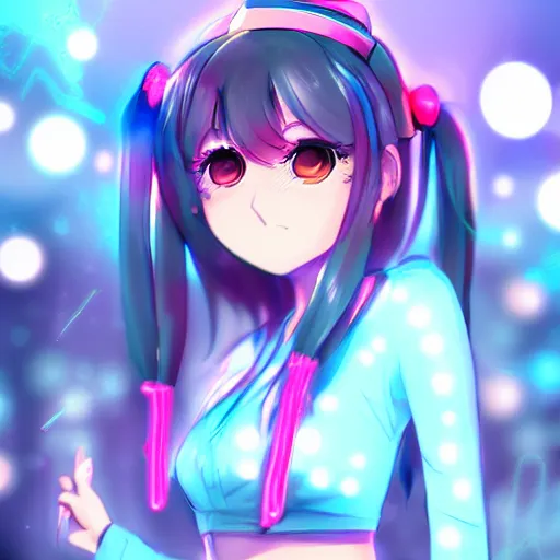 Image similar to professional digital portrait of an anime girl with neon light blue and neon pink pigtails, trending on artstation, super detailed, bokeh, anime wallpaper 8 k hd, anime screenshot