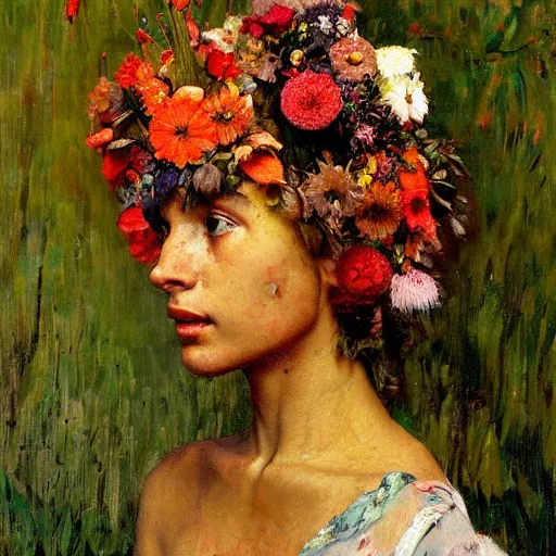 Image similar to a sculpture portrait made of kiwi and strawberries and flowers and plants, painting part by wojciech siudmak, part by ilya repin, part by max ernst, part by norman rockwell, artstation