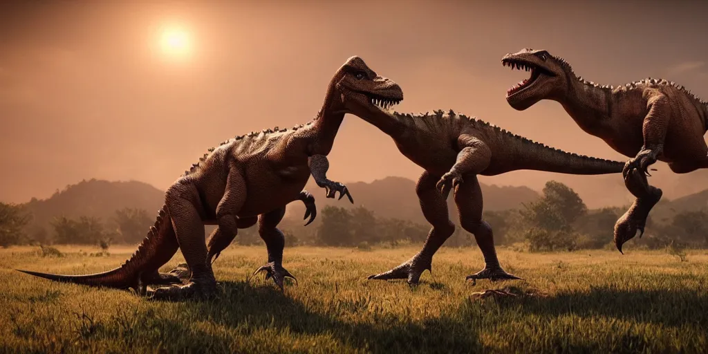 Prompt: mating dinosaurs in pre - historic times, [ nature documentary, photography, photoreal, cinematic, octane render, 4 k ]