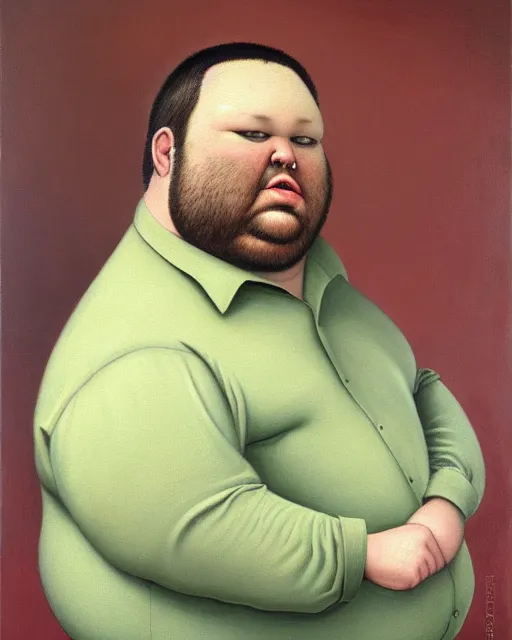Prompt: a portrait of a goofy looking man with short brown hair and green eyes, wide face, strong jawline, slightly overweight, fat, long hair, greasy hair, neckbeard, nerdy, attractive, button - up shirt, handsome and attractive, masculine features, oil on canvas, very detailed oil painting, painting in the style of hyperrealism