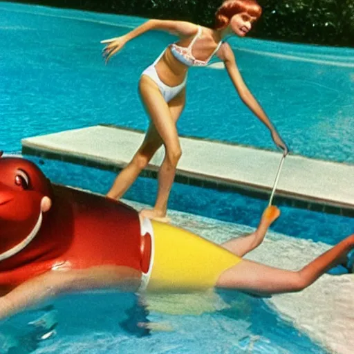 Image similar to a woman and her friend, an anthropomorphic nostril in a swimming pool, live-action children's television show, 1974, technicolor