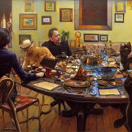 Prompt: the cat mafia around a table, by donato giancola.