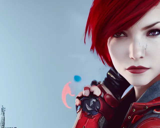 Image similar to a girl with short red hair, cool, vi from arcane, league of legends, fighter, cool red jacket, tattoo, beautiful, 3 d, potrait, art staion, studio light, closeup shot, octane render, wlop