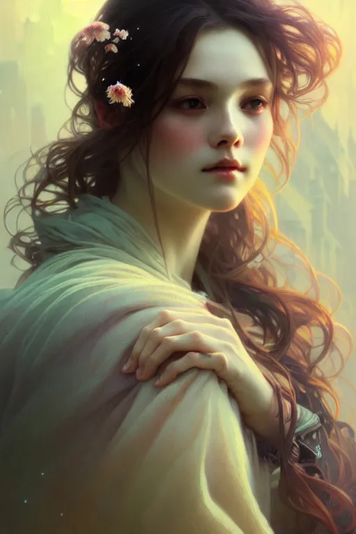 Prompt: beautiful aerite, portrait in the center of the face, home care, gentle, thoughtful, fog, snow, volumetric lighting, soft light particles floating next to her, illustration, perfectly shaded, often painted, works by krenz kushart and wenjun lin, alphonse mucha