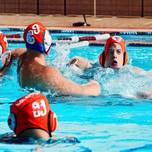 Prompt: hippopotamuses playing with humans, water polo. sports photograph.