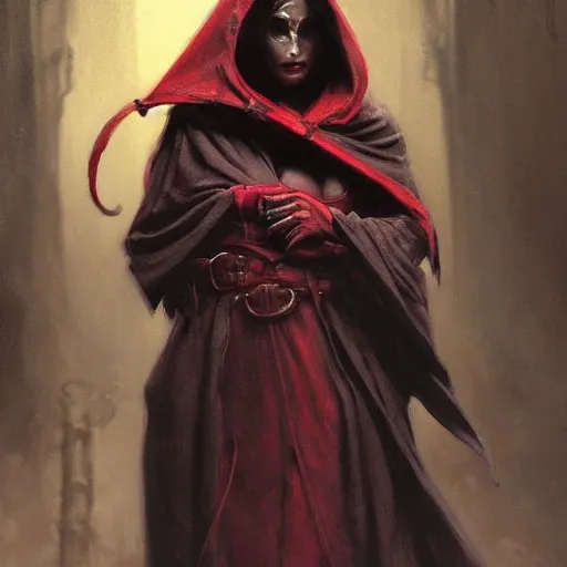 Image similar to masterpiece portrait of a crimson skinned surly and resentful female tiefling thief with pure black eyes and horns wearing a black hooded cloak and a thief's leather garb, by Greg Rutkowski, as seen on ArtStation, 4k, dungeons and dragons, very aesthetic, very detailed, intricate, unreal, fantasy, dramatic, painterly, artstation, sharp focus, smooth