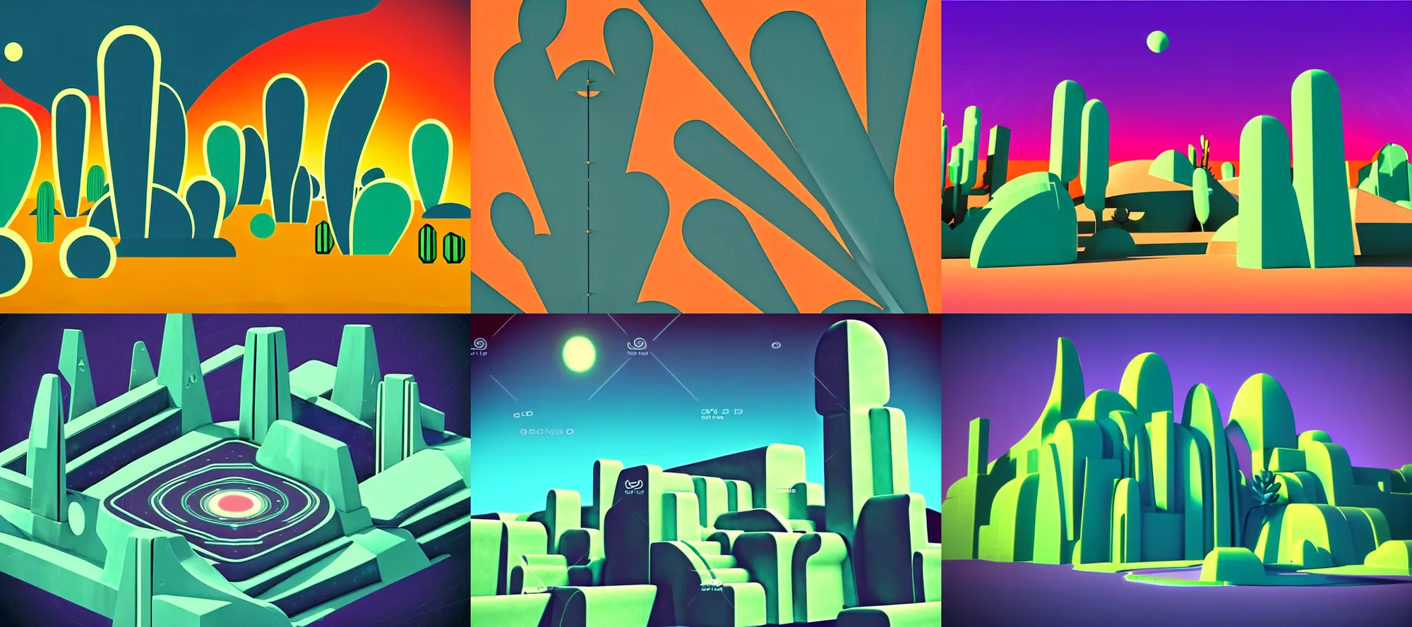 Prompt: retro-futurism style-art deco style-sci-fi- 3d geometric landscape with cactus