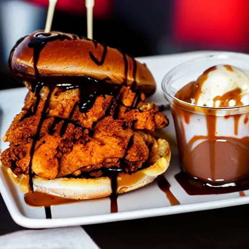 Image similar to photograph of a crispy Cajun fried chicken sandwich with Belgian Waffle Bun, maple syrup & hot fudge, ice cream on the side, 4K, HD