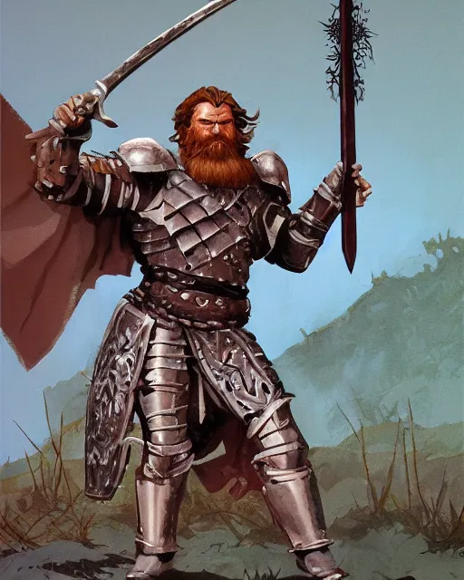 Prompt: hardwon surefoot, hirsute epic level dnd human fighter, wielding the godshammer, a magical war hammer, wearing magical armor. thick quads. full character concept art, realistic, high detail digital gouache painting by angus mcbride and michael whelan.