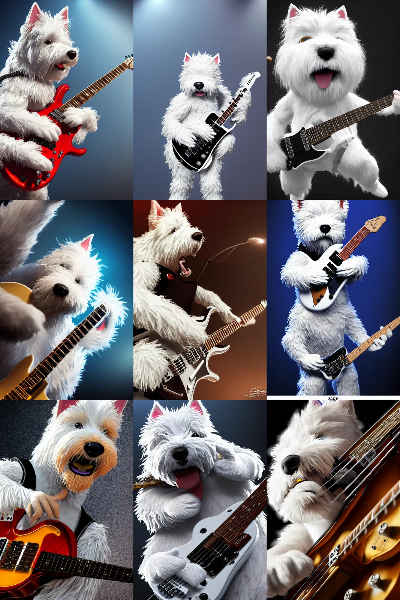 Prompt: a high detail shot of an Anthropomorphic west highland white terrier Guitarist, playing electric guitar, on rock concert stage, photorealism, ultra detailed, sharp focus, volumetric lighting, epic lighting, artstation, cgsociety, uhd