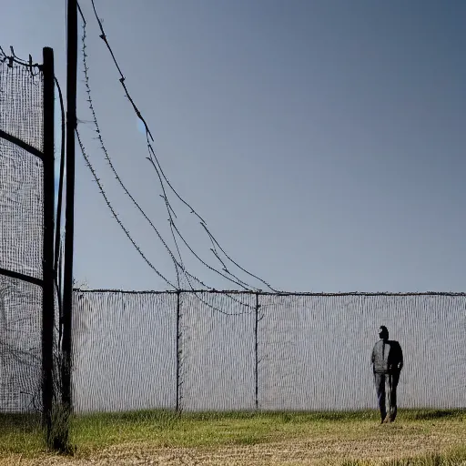 Prompt: a man standing in front of a fence with barbed wire, minimalism, dystopian art