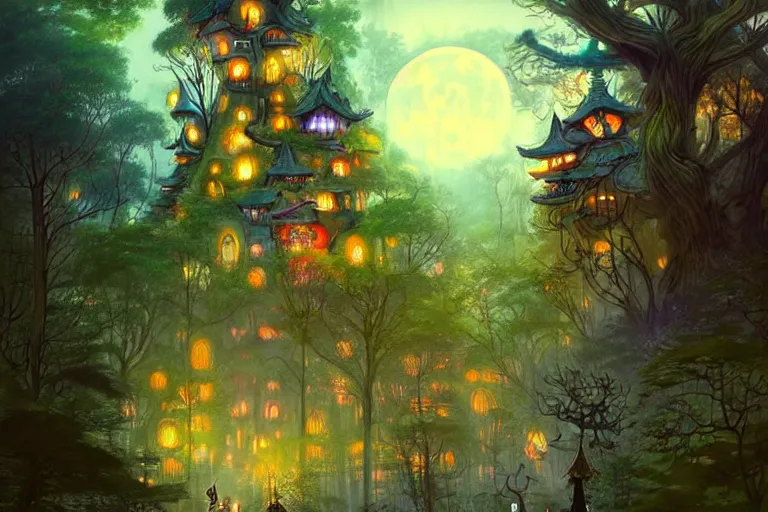 Prompt: huge mansion from hundertwasser and gaudi in a deep mystical forest with a cute japanese garden around it, mushrooms and dense exotic vegetation, tall people walking and discussing, dynamic lighting, art by peter mohrbacher on artstation, fantasy art, night sky with moon