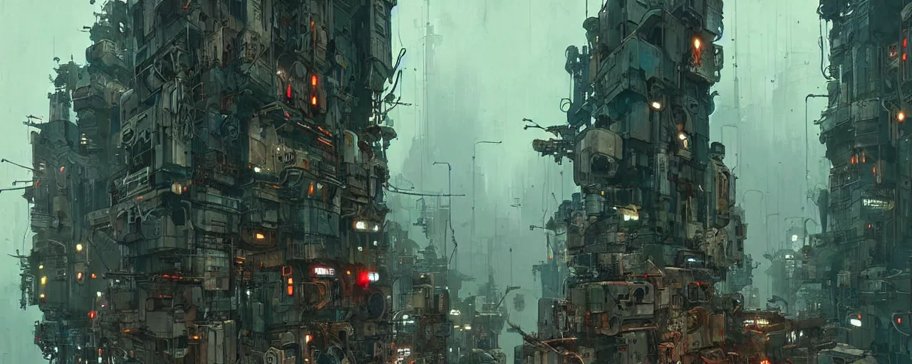 Prompt: machine city by ian mcque, cyberpunk, masterpiece, very detailed, atmospheric